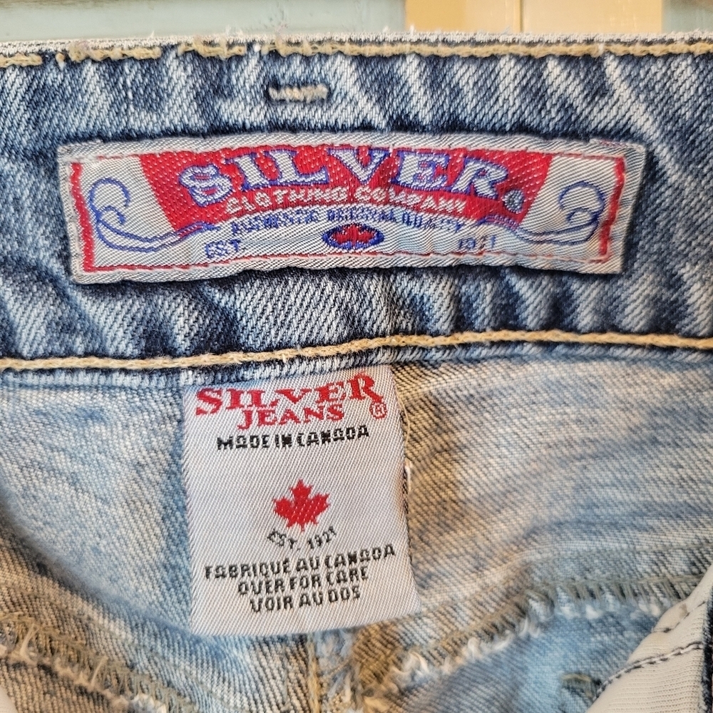 Y2K Silver Low Rise Flare Medium Wash Denim Jeans Pants - Picture 7 of 9
